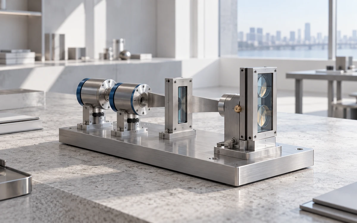 Bright studio concept of a precision-built measurement model with two input modules and two inspection apertures.