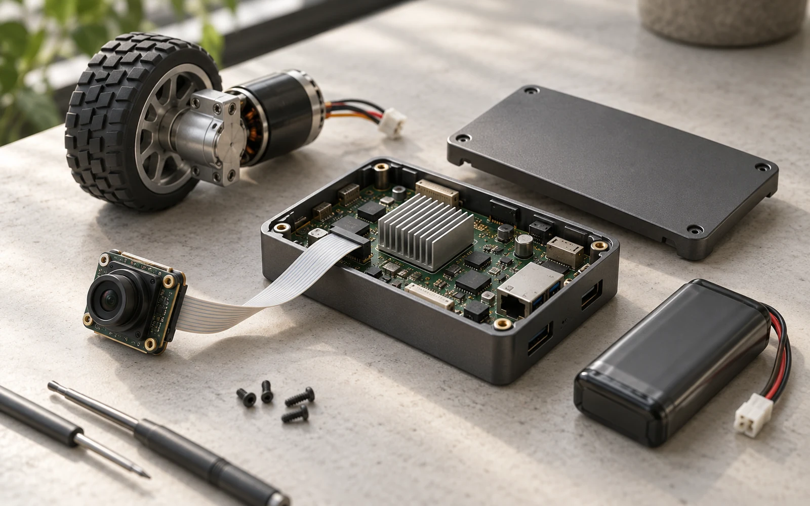 A small camera, open compute enclosure, heat sink, battery and wheel assembly on a workbench.