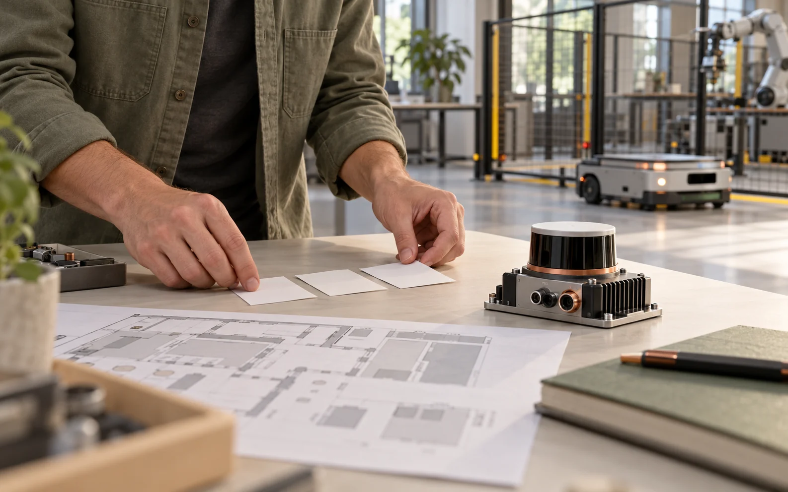 An engineer arranges blank cards and a floor plan beside a sensor module, with a stationary mobile robot and a separate work cell in the background.