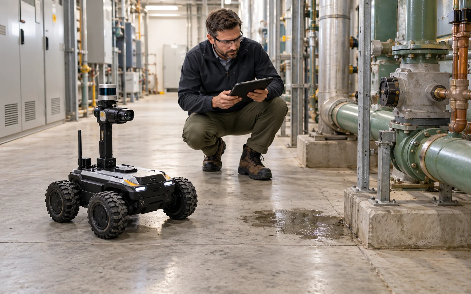 A maintenance worker and an inspection robot beside a damp-looking floor patch in a service corridor.