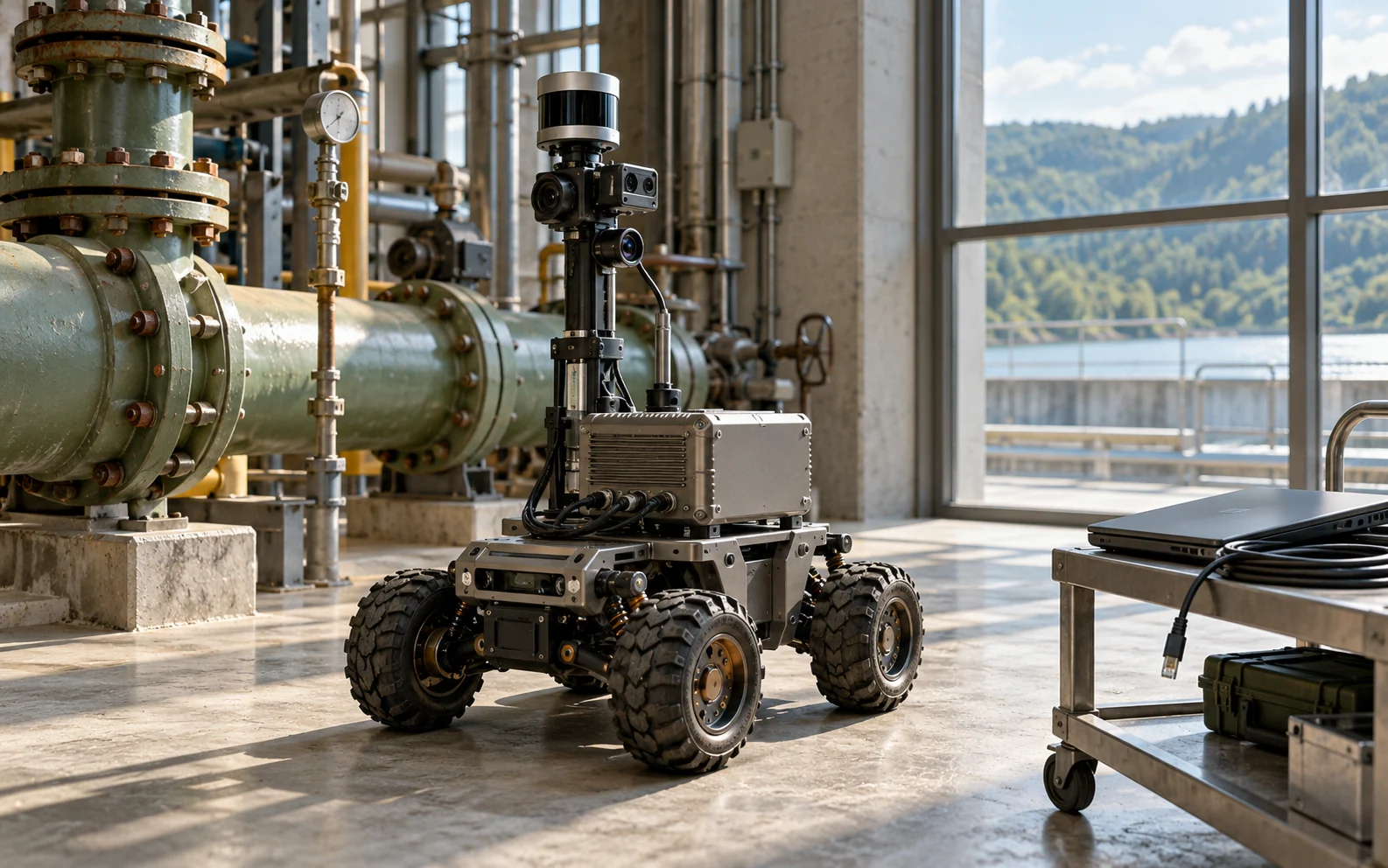 A wheeled inspection robot with a local compute enclosure stands beside industrial pipes; a service laptop and loose network cable sit nearby.