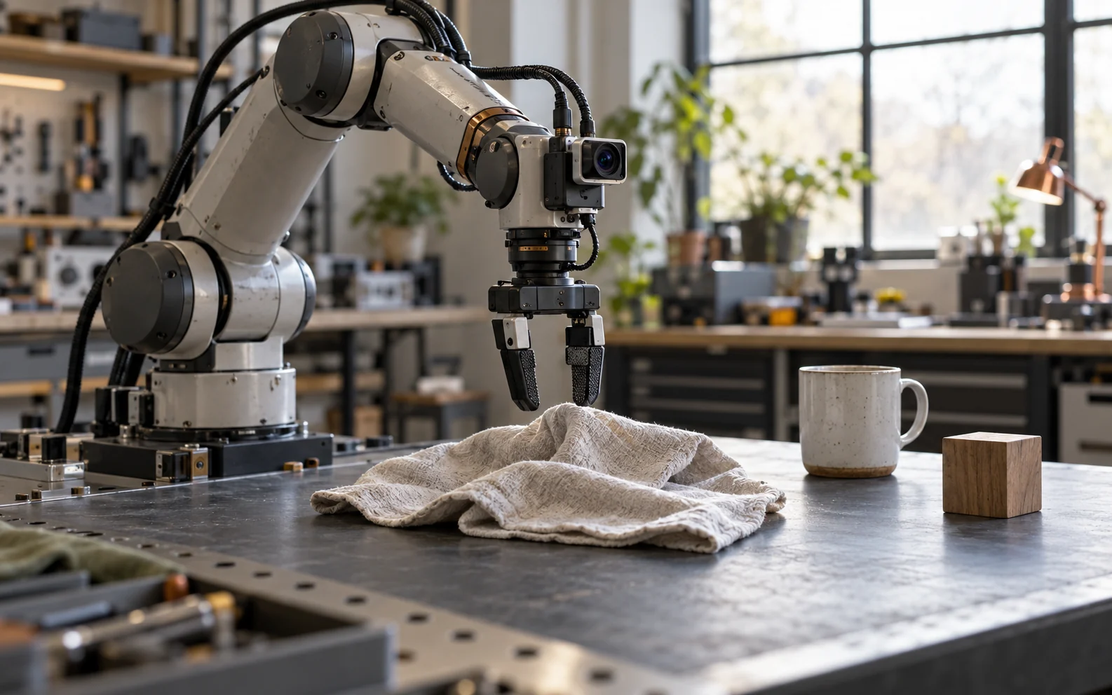 A camera-equipped robot gripper pauses above a folded cloth, with a cup and wooden block on a workshop table.