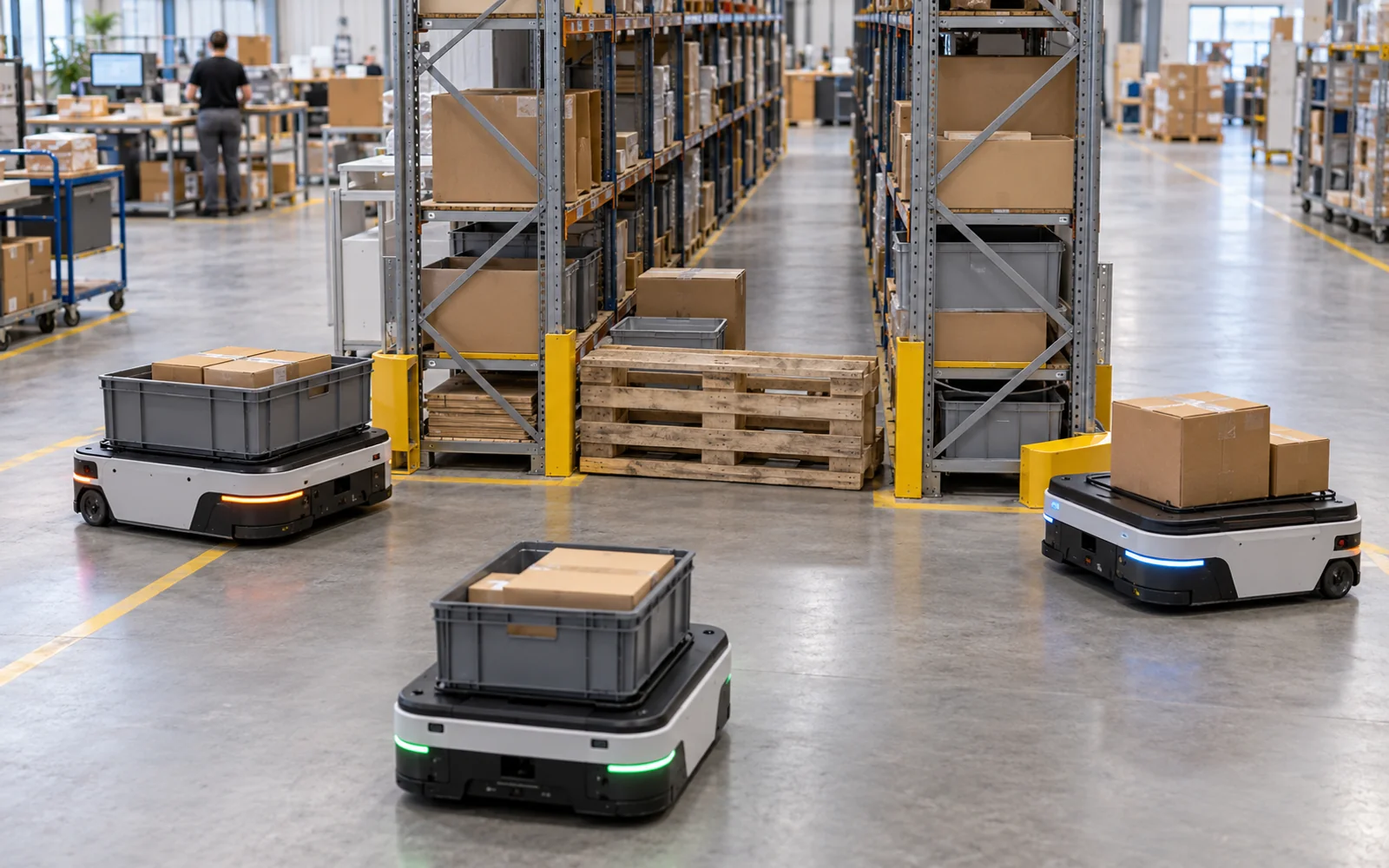 Three compact mobile carriers wait near a wooden pallet blocking the entrance to a warehouse aisle.